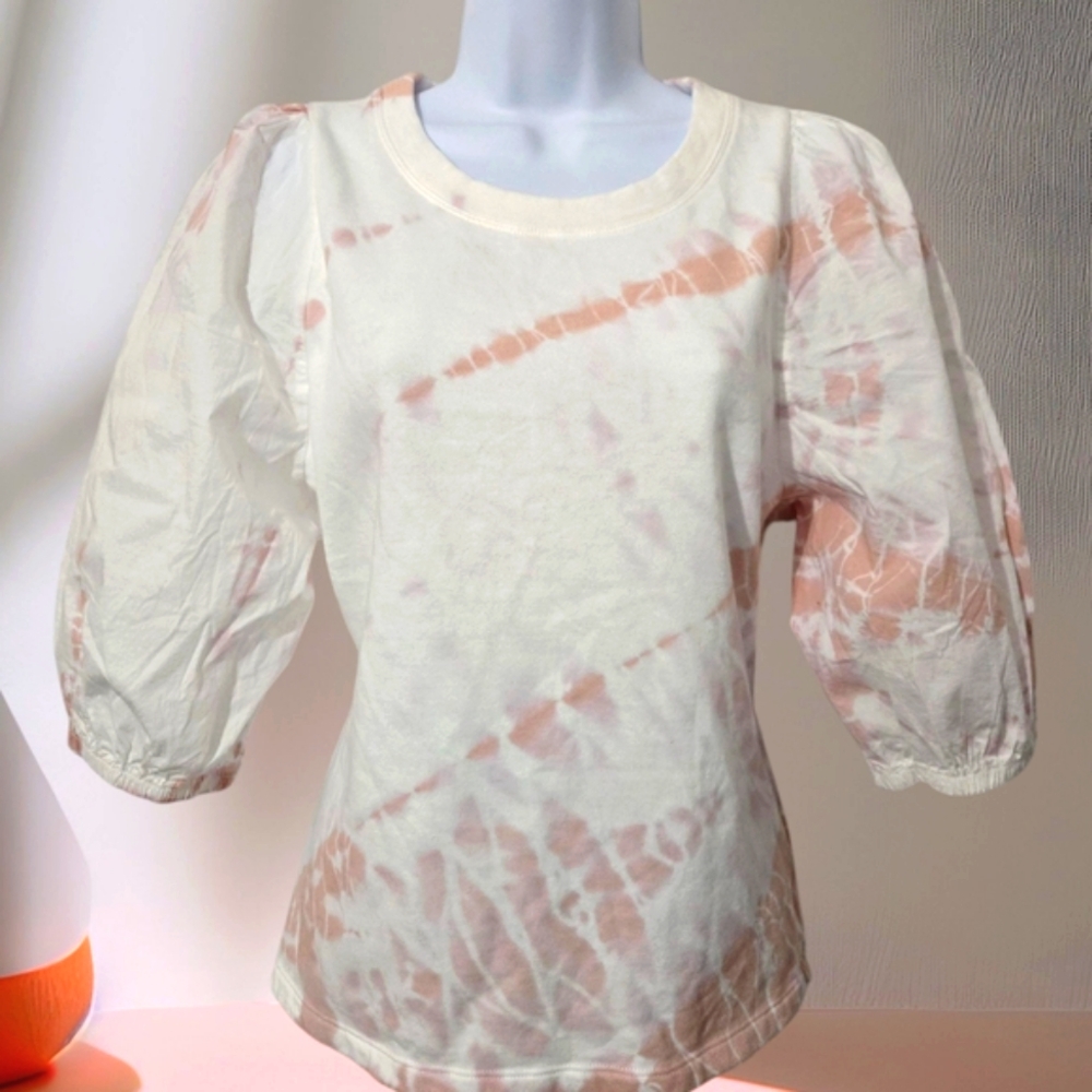 Splendid White Tan Puff Sleeve Blouse